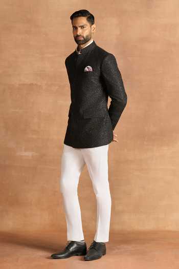 Raghavendra Rathore Jodhpur_Black Silk Sequins, Zari Radiant Bandhgala _Online_at_Aza_Fashions