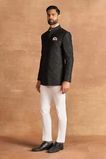 Buy_Raghavendra Rathore Jodhpur_Black Silk Sequins, Zari Radiant Bandhgala _Online_at_Aza_Fashions