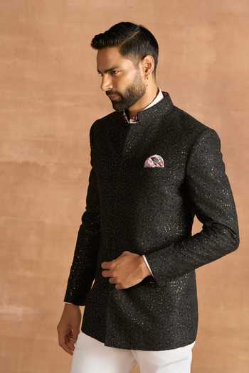 Buy_Raghavendra Rathore Jodhpur_Black Silk Sequins, Zari Radiant Bandhgala _at_Aza_Fashions