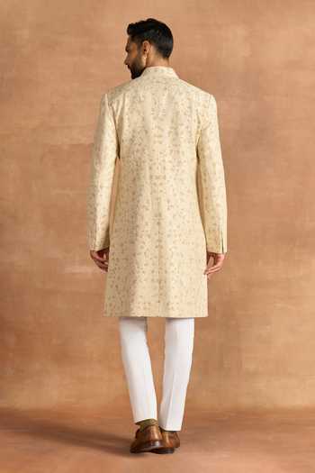Shop_Raghavendra Rathore Jodhpur_Off White Silk Embroidery, Zari Alabaster Sherwani _at_Aza_Fashions