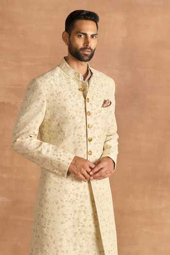 Buy_Raghavendra Rathore Jodhpur_Off White Silk Embroidery, Zari Alabaster Sherwani _Online_at_Aza_Fashions