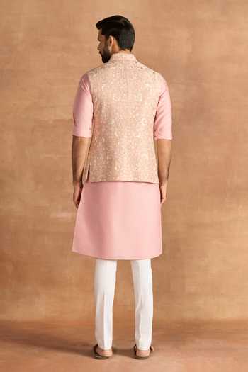 Shop_Raghavendra Rathore Jodhpur_Peach Silk Embroidery Aurelia Nehru Jacket _at_Aza_Fashions