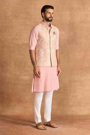 Buy_Raghavendra Rathore Jodhpur_Peach Silk Embroidery Aurelia Nehru Jacket _Online_at_Aza_Fashions