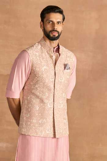 Buy_Raghavendra Rathore Jodhpur_Peach Silk Embroidery Aurelia Nehru Jacket _at_Aza_Fashions