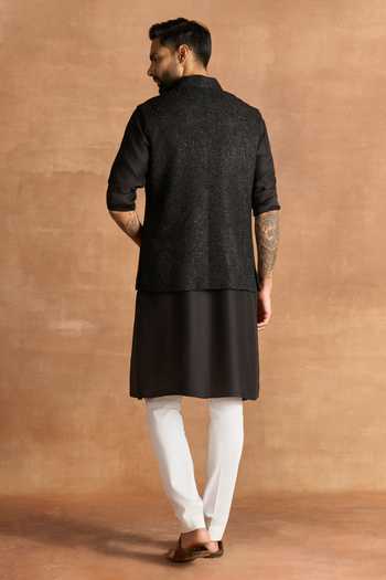 Shop_Raghavendra Rathore Jodhpur_Black Silk Embroidery Embellished Nehru Jacket _at_Aza_Fashions