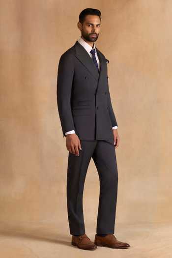 Shop_Raghavendra Rathore Jodhpur_Grey Wool Graphite Blazer _at_Aza_Fashions