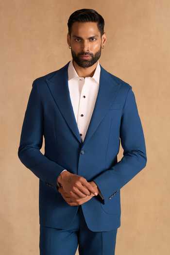 Buy_Raghavendra Rathore Jodhpur_Blue Cotton Full Sleeve Blazer _at_Aza_Fashions