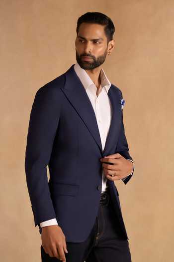 Buy_Raghavendra Rathore Jodhpur_Blue Wool Atlas Blazer _Online_at_Aza_Fashions