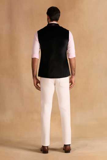 Shop_Raghavendra Rathore Jodhpur_Black Velvet Noir Textured Nehru Jacket _at_Aza_Fashions