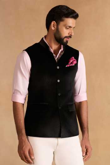 Buy_Raghavendra Rathore Jodhpur_Black Velvet Noir Textured Nehru Jacket _at_Aza_Fashions