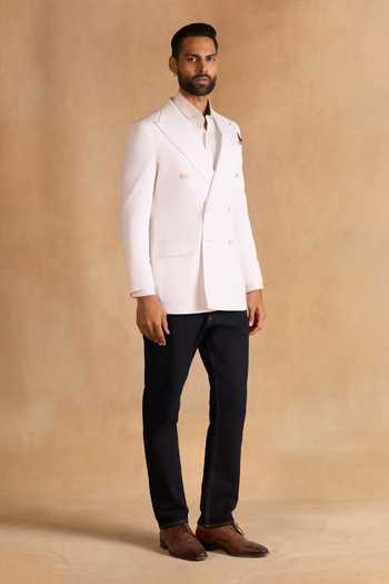 Raghavendra Rathore Jodhpur_Off White Suiting Full Sleeve Crest Blazer _Online_at_Aza_Fashions