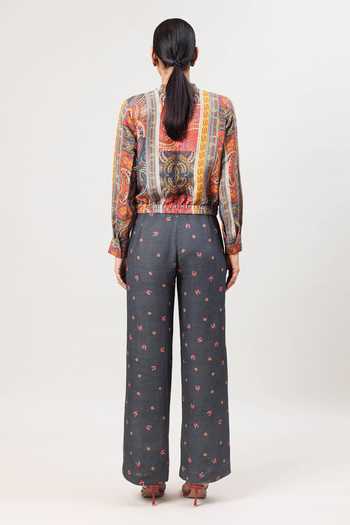 Shop_Sue Mue_Multi Color Linen Mandarin Collar The Painterly Print Jacket And Pant Set _at_Aza_Fashions