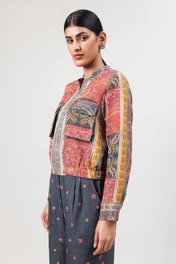 Sue Mue_Multi Color Linen Mandarin Collar The Painterly Print Jacket And Pant Set _at_Aza_Fashions