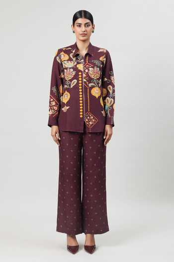 Buy_Sue Mue_Wine Linen Collared The Free Flow Print Pure Shirt And Pant Set _at_Aza_Fashions