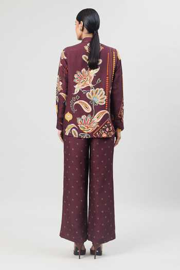 Shop_Sue Mue_Wine Linen Collared The Free Flow Print Pure Shirt And Pant Set _at_Aza_Fashions