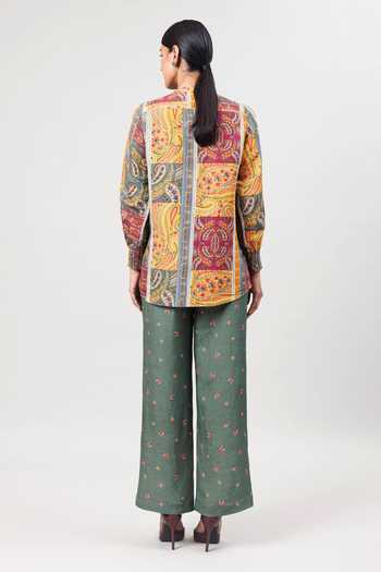 Shop_Sue Mue_Multi Color Linen V-neck The Painterly Paisley Print Pure Shirt And Pant Set _at_Aza_Fashions