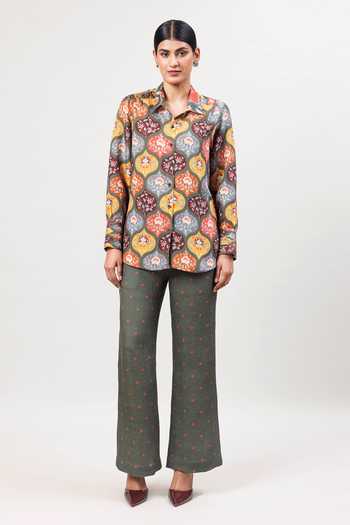 Buy_Sue Mue_Multi Color Linen Collared The Jaal Printed Pure Shirt And Pant Set _at_Aza_Fashions