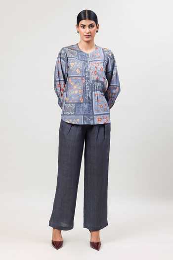Buy_Sue Mue_Grey Linen Round Neck The Structure Printed Pure Top And Pant Set _at_Aza_Fashions