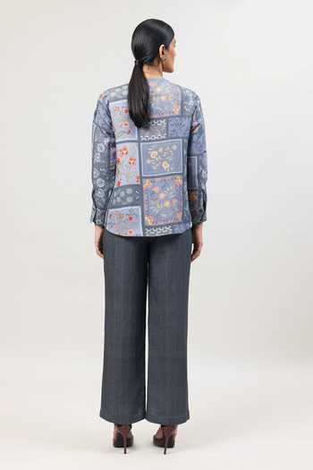Shop_Sue Mue_Grey Linen Round Neck The Structure Printed Pure Top And Pant Set _at_Aza_Fashions