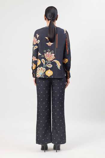 Shop_Sue Mue_Black Linen Split V-neck Printed Pure Shirt And Pant Set _at_Aza_Fashions