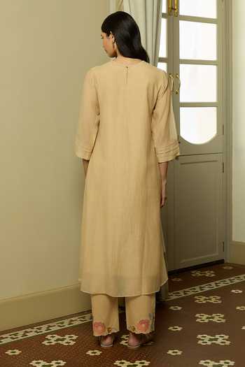 Shop_Vaayu_Beige Cotton, Muslin Applique Round Neck Sand Kurta And Pant Set _at_Aza_Fashions