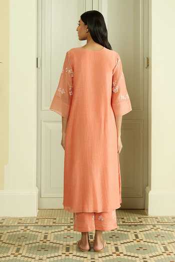 Shop_Vaayu_Orange Cotton, Muslin Embroidery Tangerine Kurta And Pant Set _at_Aza_Fashions