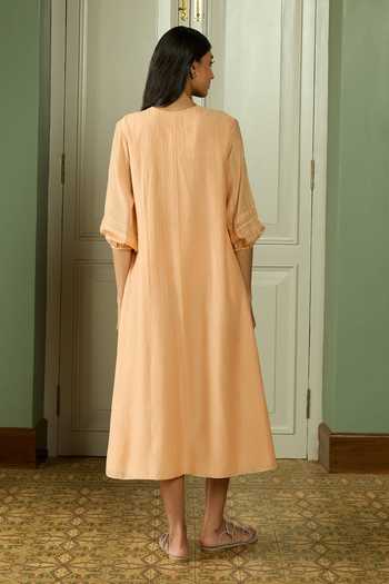 Shop_Vaayu_Peach Cotton, Muslin Applique V-neck Pintuck Dress _at_Aza_Fashions