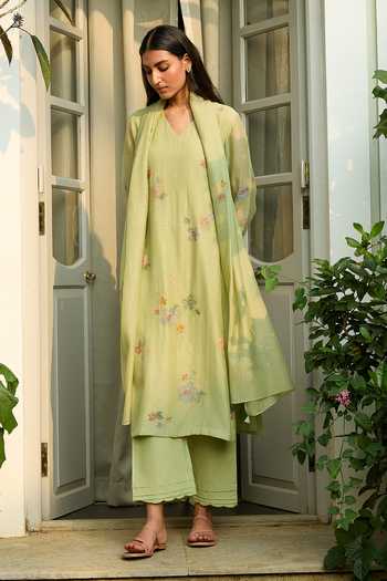 Buy_Vaayu_Green Muslin, Cotton Embroidery, Tassels V-neck Lime Kurta Set _Online_at_Aza_Fashions