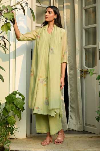 Shop_Vaayu_Green Muslin, Cotton Embroidery, Tassels V-neck Lime Kurta Set _Online_at_Aza_Fashions