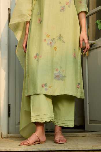 Vaayu_Green Muslin, Cotton Embroidery, Tassels V-neck Lime Kurta Set _at_Aza_Fashions