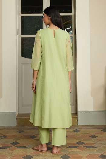 Shop_Vaayu_Green Cotton, Muslin Embroidery Round Neck Lime Floral Kurta And Pant Set _at_Aza_Fashions