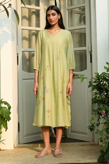 Vaayu_Green Cotton, Muslin Embroidery V-neck Lime Floral Dress _Online_at_Aza_Fashions