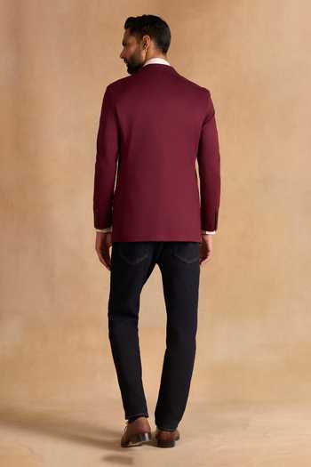 Shop_Raghavendra Rathore Jodhpur_Maroon Cotton Oxide Blazer _at_Aza_Fashions