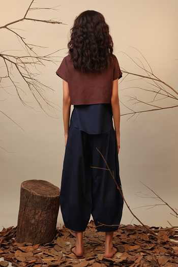 Shop_MATI_Blue Cotton Round Neck Kaftan Top And Brown Balloon Cut Pant Set _at_Aza_Fashions