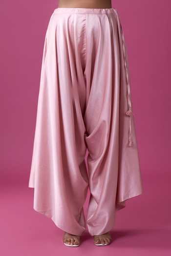 Prisho_Pink Embroidery, Sequins, Tassels V-neck Kaftan And Draped Pant Set _at_Aza_Fashions