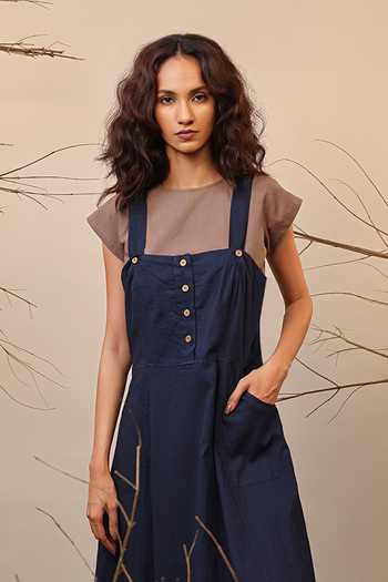 Buy_MATI_Blue Cotton Crew Neck Solid Flared Dungaree With Crop Top _Online_at_Aza_Fashions