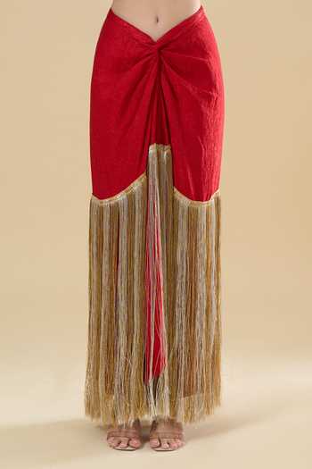 Anamika Khanna_Red Embroidery, Tassels, Fringe Blazer And Skirt Set _Online