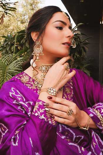 Pink City by Sarika_Purple Chanderi Silk Embroidery V-neck Pankaj Floral Pattern Anarkali Set 