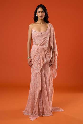 Buy_Tarun Tahiliani_Pink Sequins, Beads, Stones Sweetheart Pre-draped Saree With Embroidered Corset _Online_at_Aza_Fashions