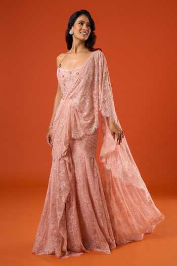 Shop_Tarun Tahiliani_Pink Sequins, Beads, Stones Sweetheart Pre-draped Saree With Embroidered Corset _Online_at_Aza_Fashions