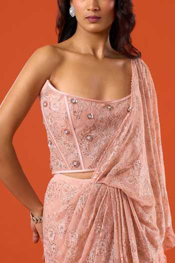 Tarun Tahiliani_Pink Sequins, Beads, Stones Sweetheart Pre-draped Saree With Embroidered Corset _at_Aza_Fashions