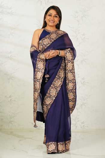 Buy_Pink City by Sarika_Purple Organza, Silk Zari, Lotus Motif Saree With Unstitched Blouse Piece _at_Aza_Fashions
