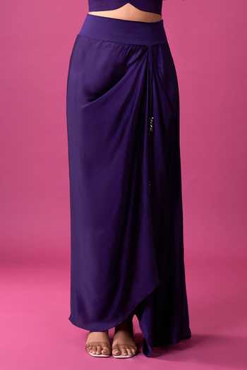 Buy_Prisho_Purple Embroidery, Beads, Mirrors, Tassels Round Neck, Jacket And Draped Skirt Set 