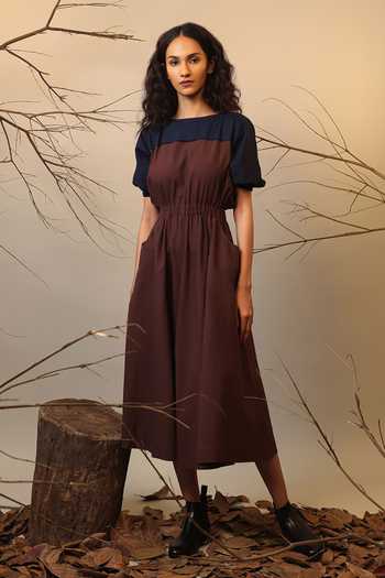Buy_MATI_Brown Cotton Round Neck Color Block Midi Dress _at_Aza_Fashions