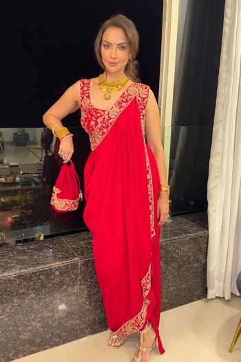 Buy_Pink City by Sarika_Red Silk Embroidery, Tassels, Zari Round Neck Zardozi Pre-draped Saree Set _at_Aza_Fashions