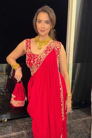 Shop_Pink City by Sarika_Red Silk Embroidery, Tassels, Zari Round Neck Zardozi Pre-draped Saree Set _at_Aza_Fashions