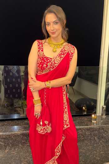 Buy_Pink City by Sarika_Red Silk Embroidery, Tassels, Zari Round Neck Zardozi Pre-draped Saree Set _Online_at_Aza_Fashions
