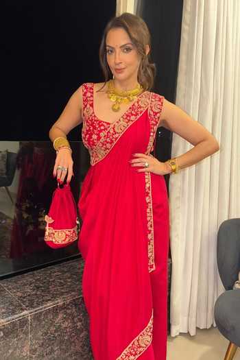 Shop_Pink City by Sarika_Red Silk Embroidery, Tassels, Zari Round Neck Zardozi Pre-draped Saree Set _Online_at_Aza_Fashions