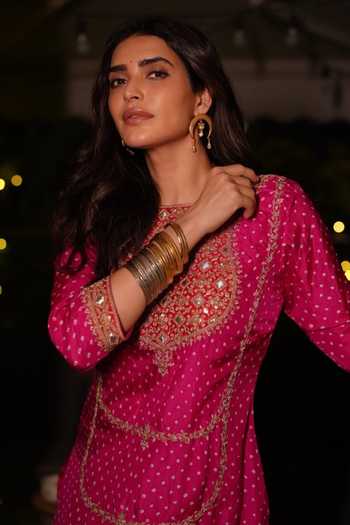 Shop_Pink City by Sarika_Pink Silk Gota Patti, Embroidery Round Neck Rani Bandhani Matka Kurta Pant Set _at_Aza_Fashions