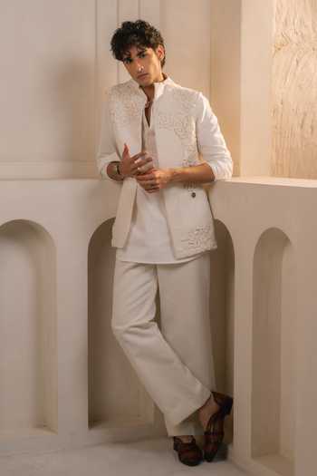 Shop_Jatin Malik_Ivory Cotton, Linen Applique Valencia Shacket And Kurta Set _at_Aza_Fashions